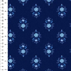 Lewis & Irene Teatime Little bird Roses on Navy Cotton Prints