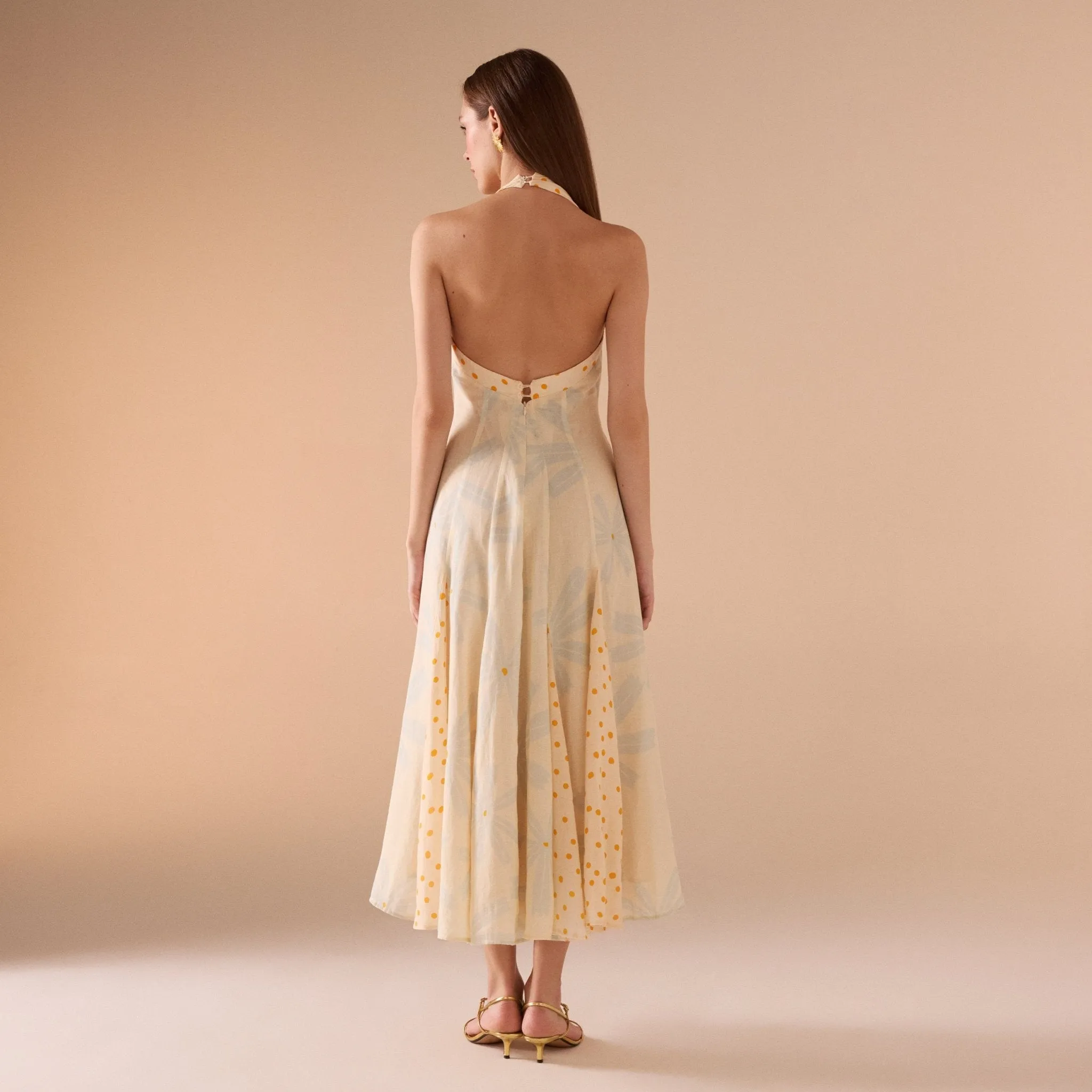 Light Yellow Floral print halter neck dress