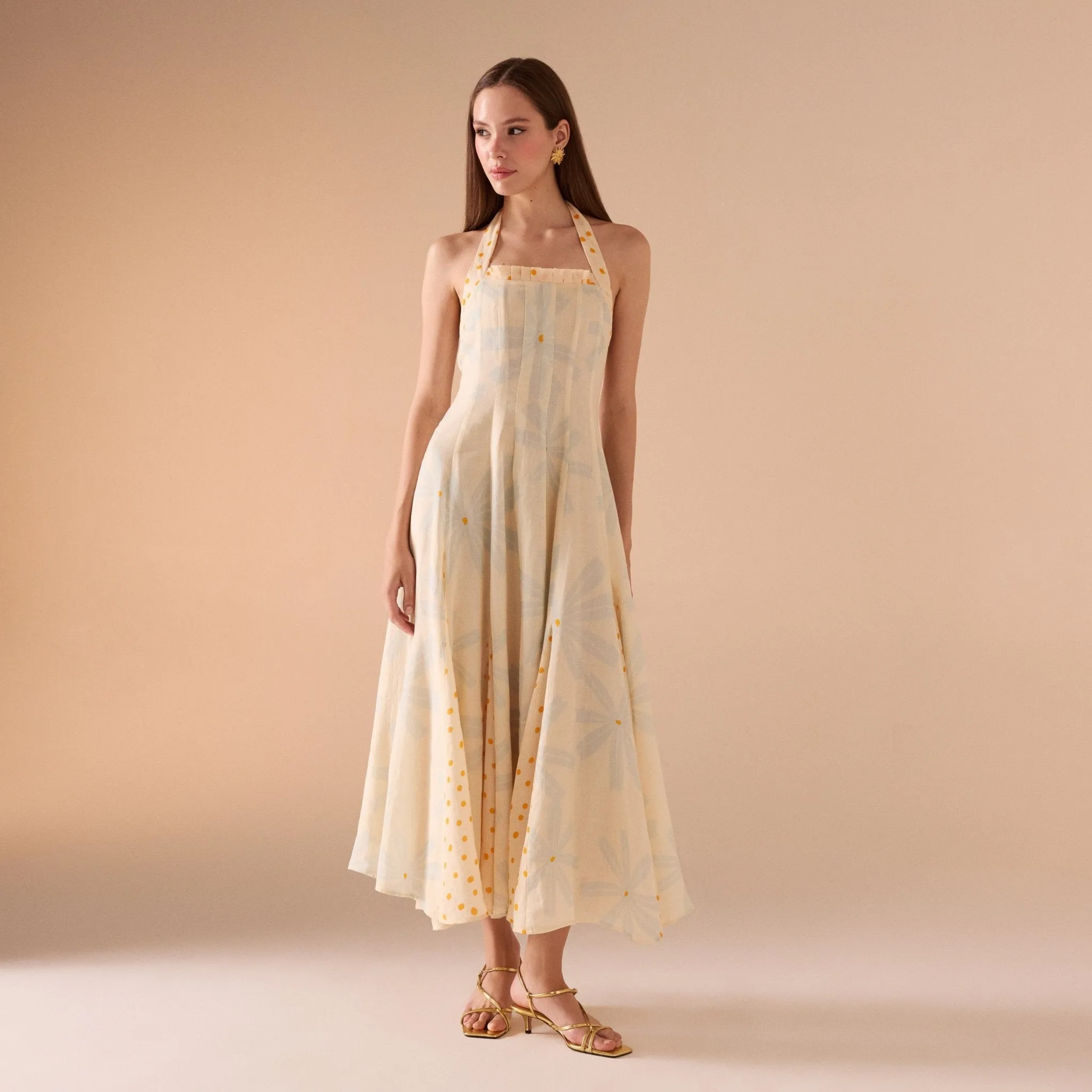 Light Yellow Floral print halter neck dress