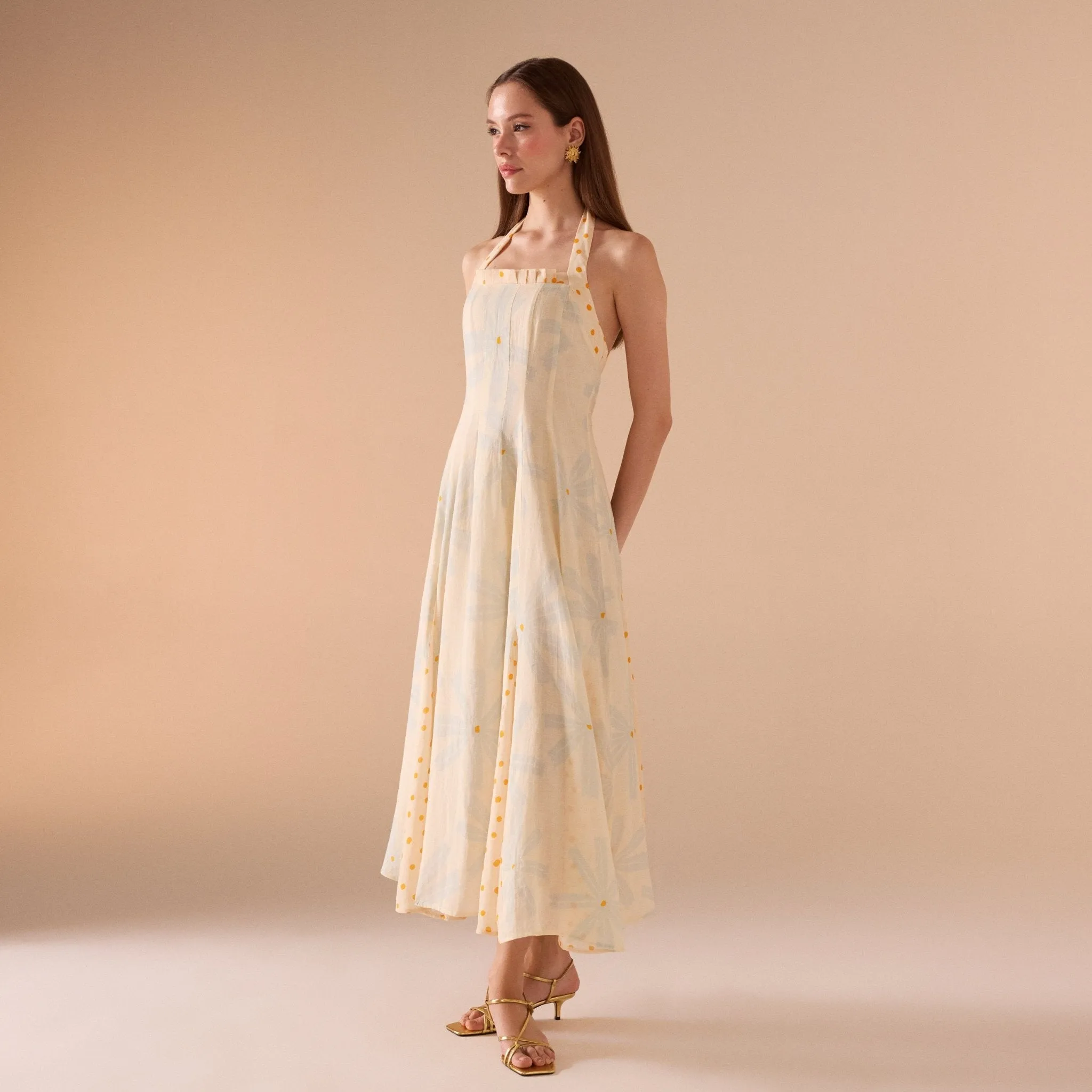 Light Yellow Floral print halter neck dress