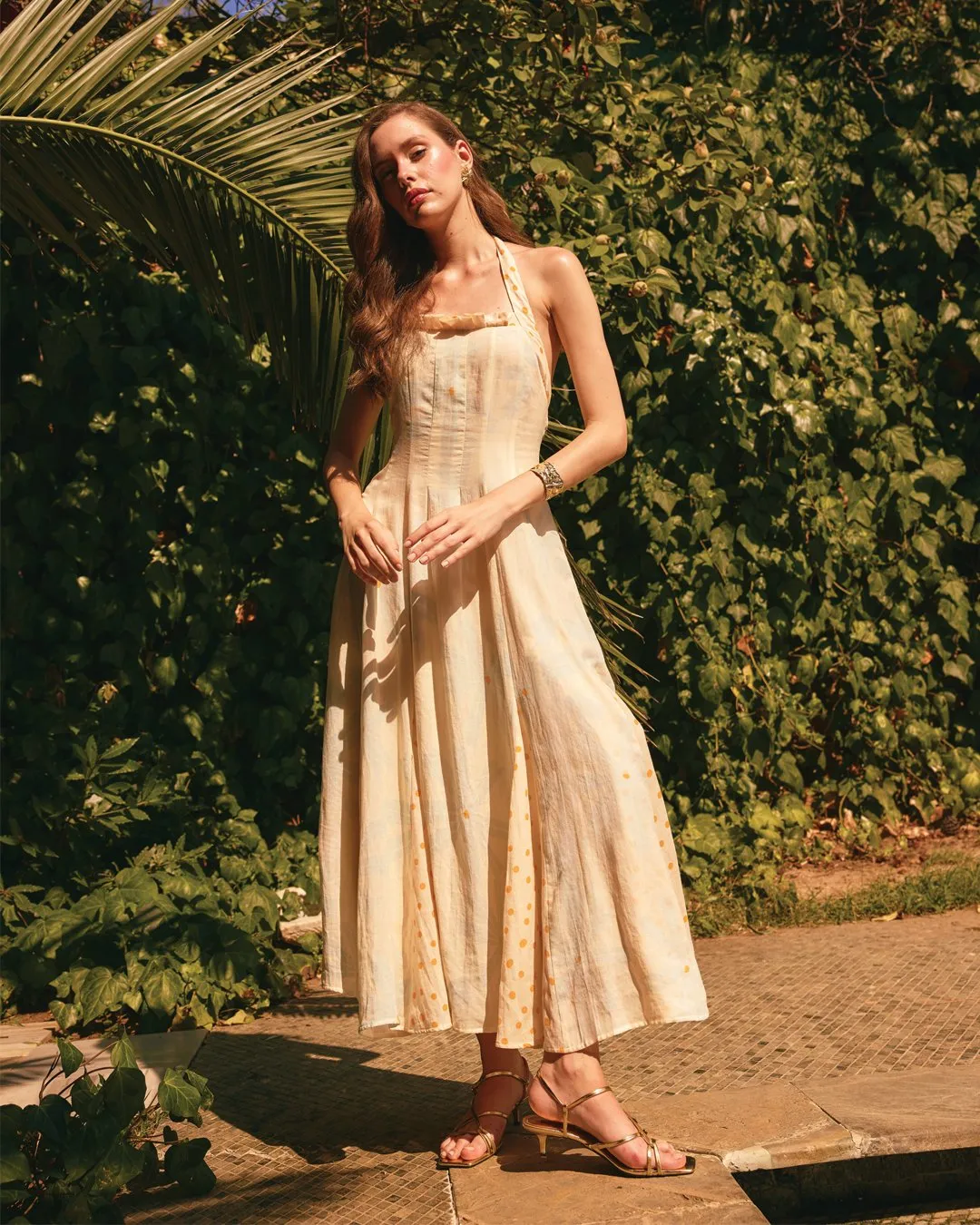 Light Yellow Floral print halter neck dress