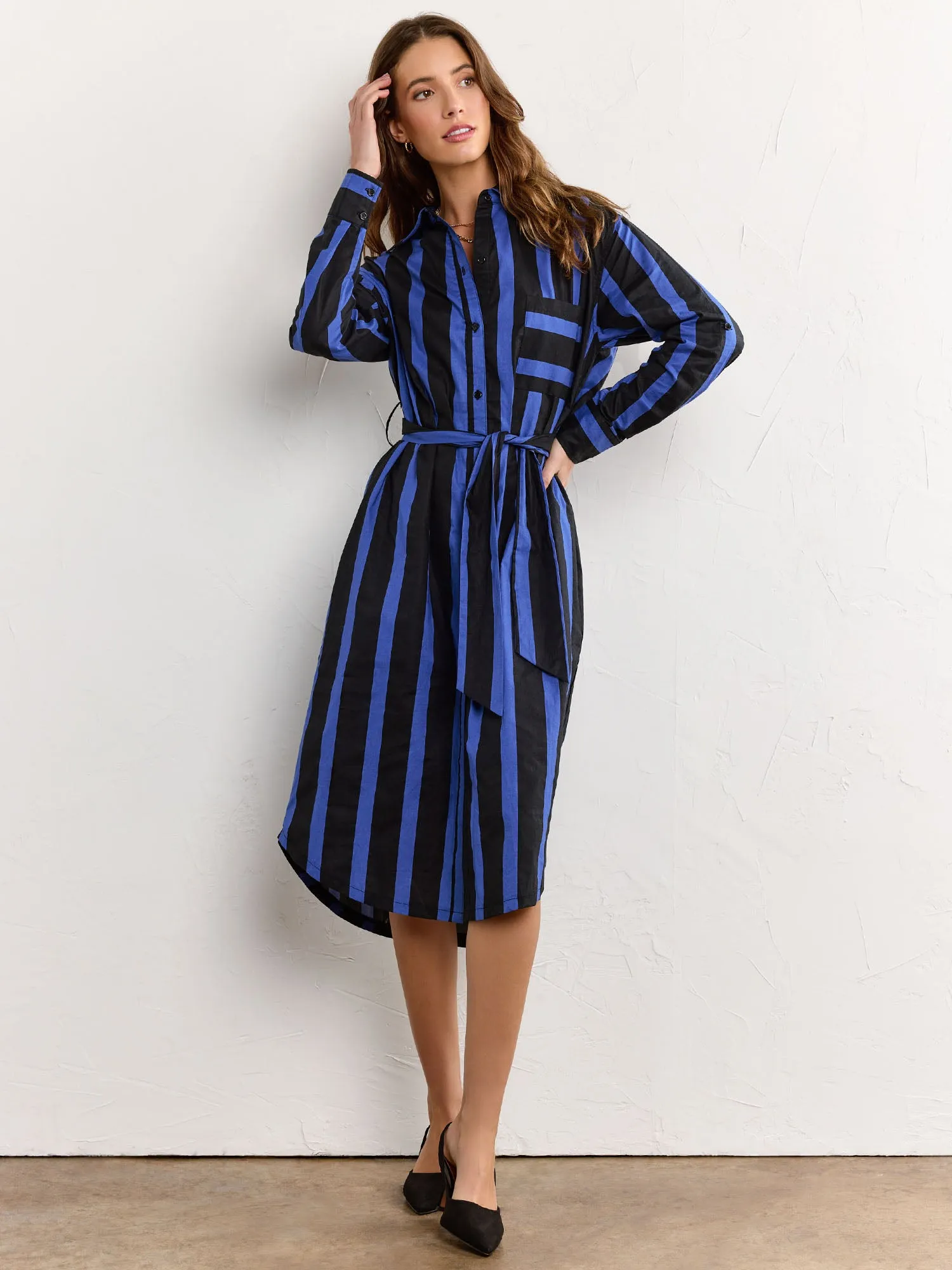 Long-Sleeve Bold Stripe Poplin Shirtdress - Crescent