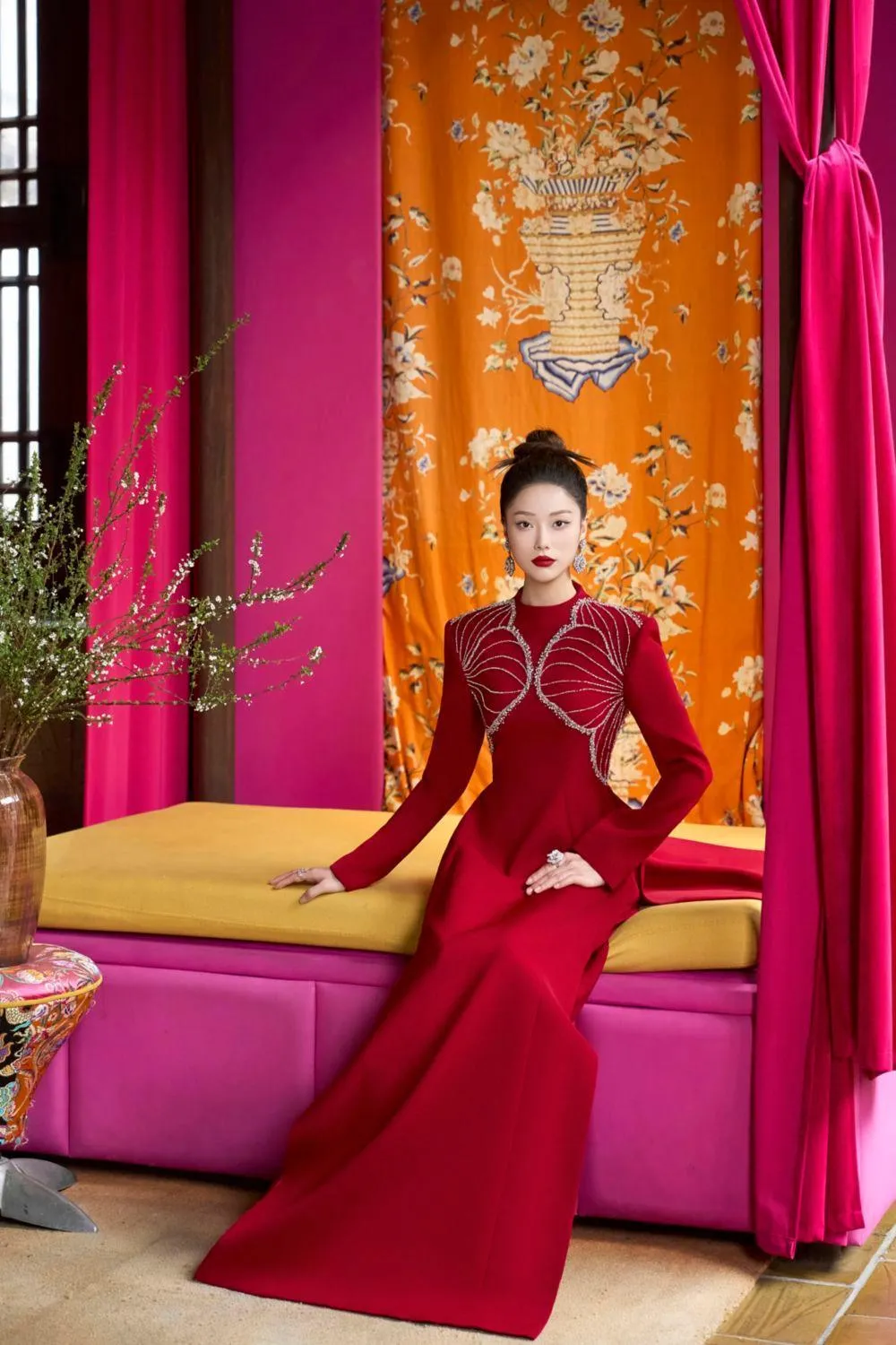 Luster A-line High Neck Velvet Satin Floor Length Ao Dai