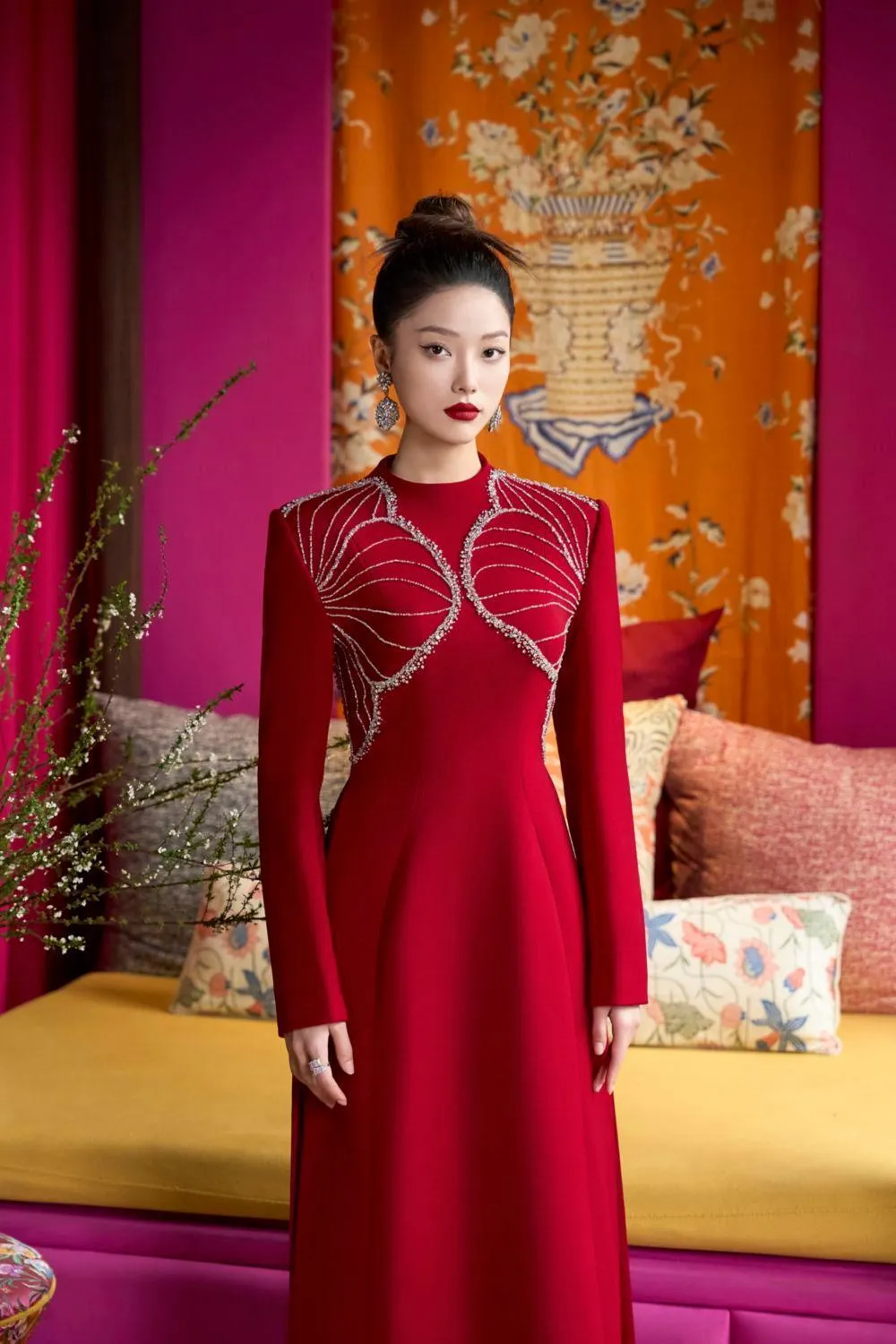 Luster A-line High Neck Velvet Satin Floor Length Ao Dai