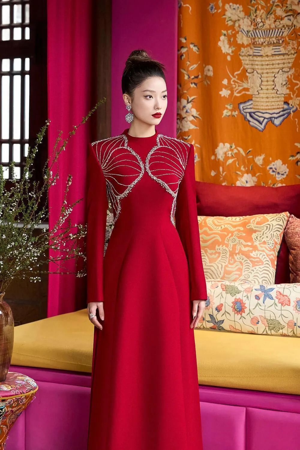 Luster A-line High Neck Velvet Satin Floor Length Ao Dai
