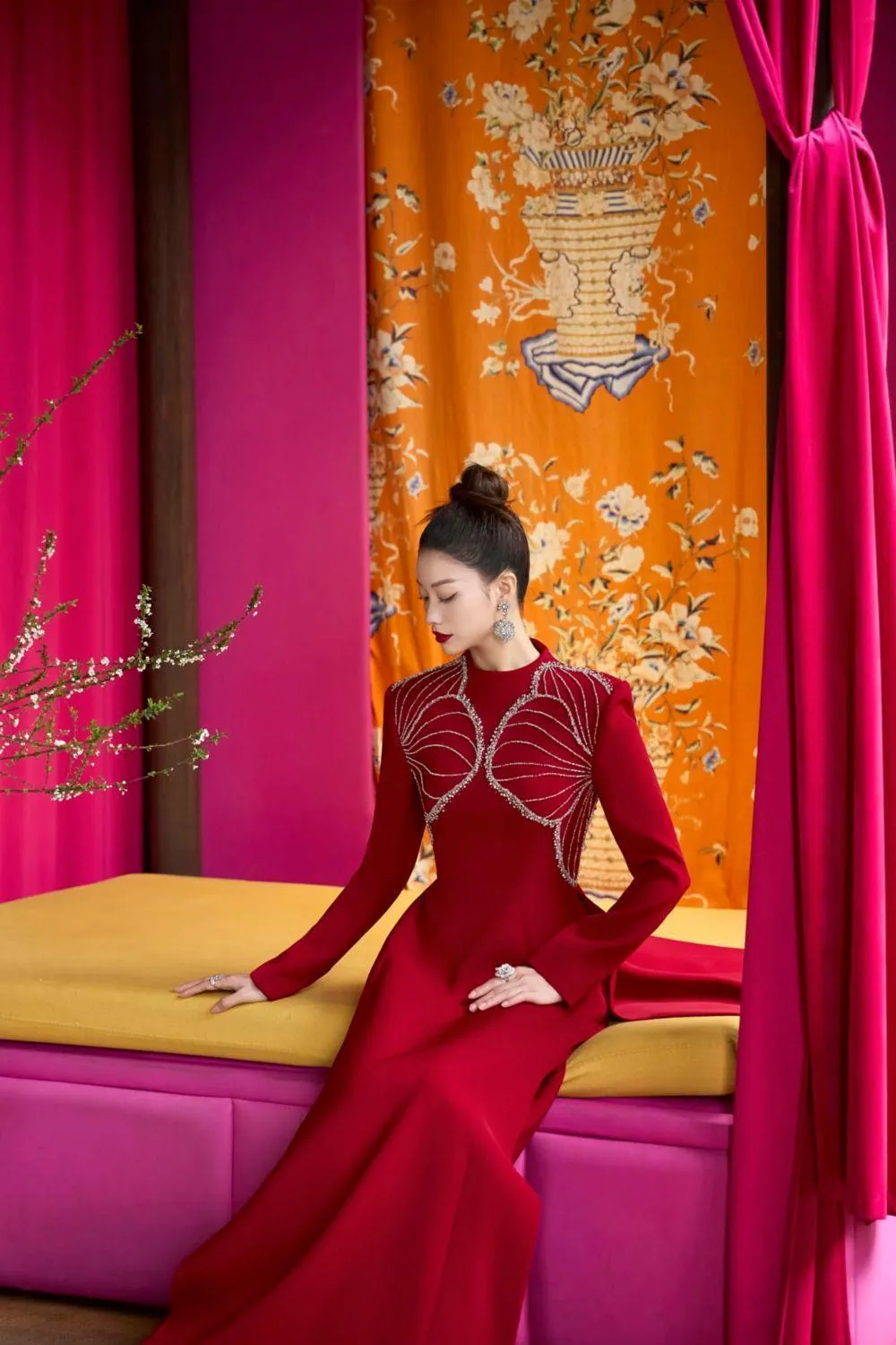 Luster A-line High Neck Velvet Satin Floor Length Ao Dai
