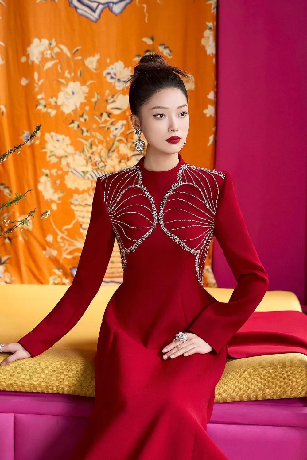 Luster A-line High Neck Velvet Satin Floor Length Ao Dai
