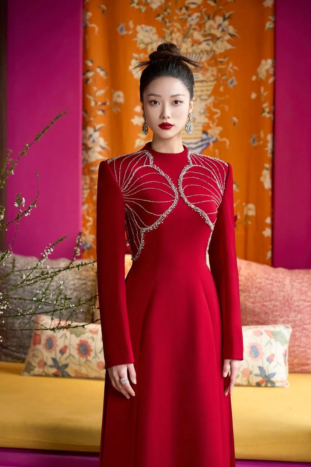 Luster A-line High Neck Velvet Satin Floor Length Ao Dai