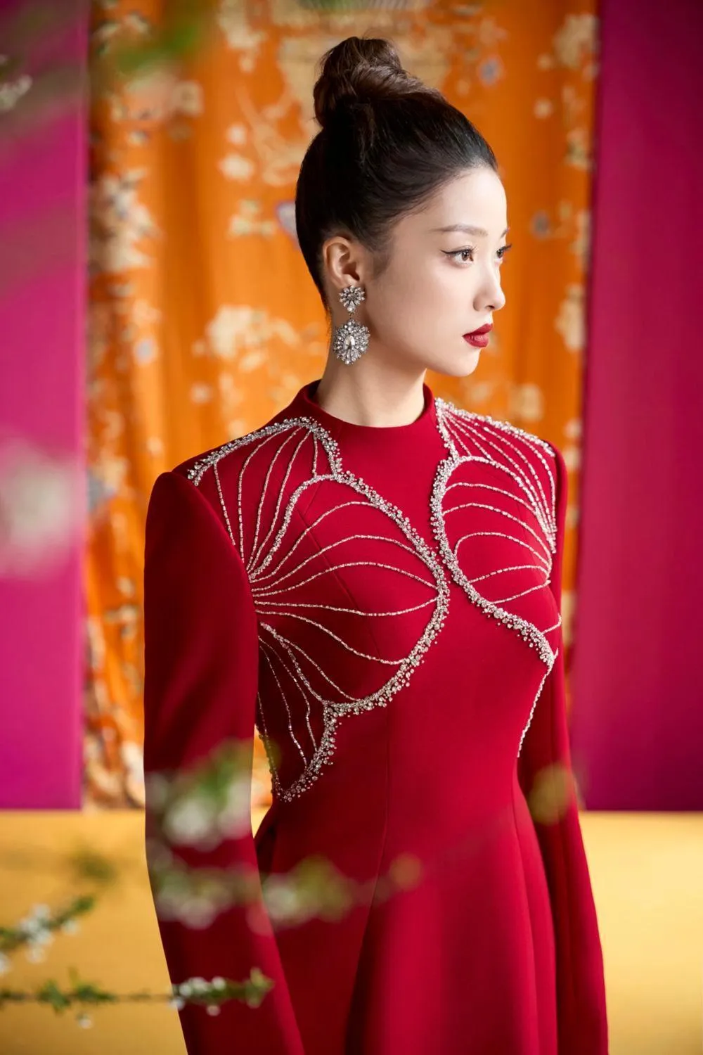 Luster A-line High Neck Velvet Satin Floor Length Ao Dai