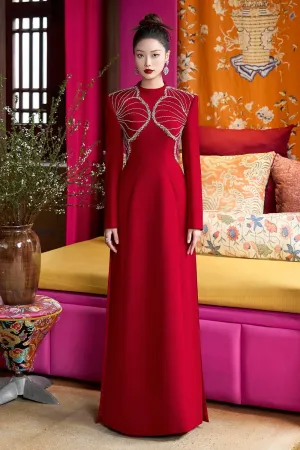 Luster A-line High Neck Velvet Satin Floor Length Ao Dai