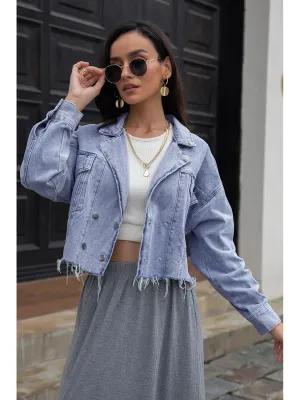 NicholesGifts Women Lapel Collar Long Sleeve Denim Jacket