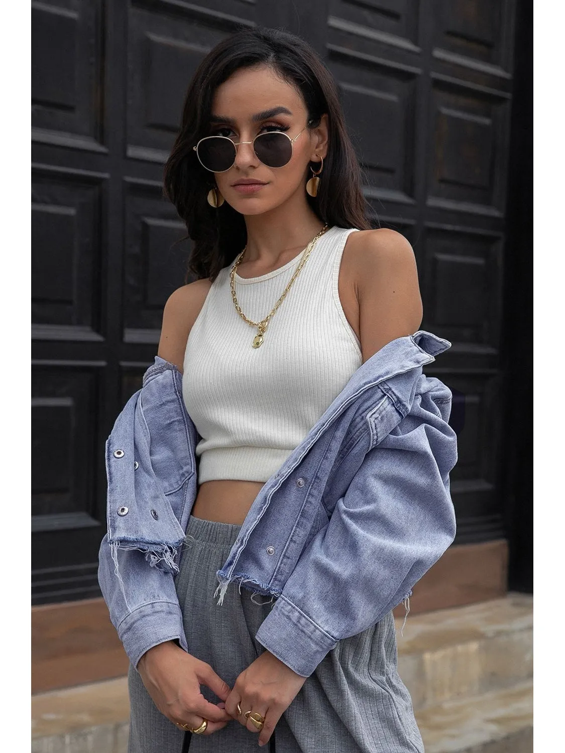 NicholesGifts Women Lapel Collar Long Sleeve Denim Jacket