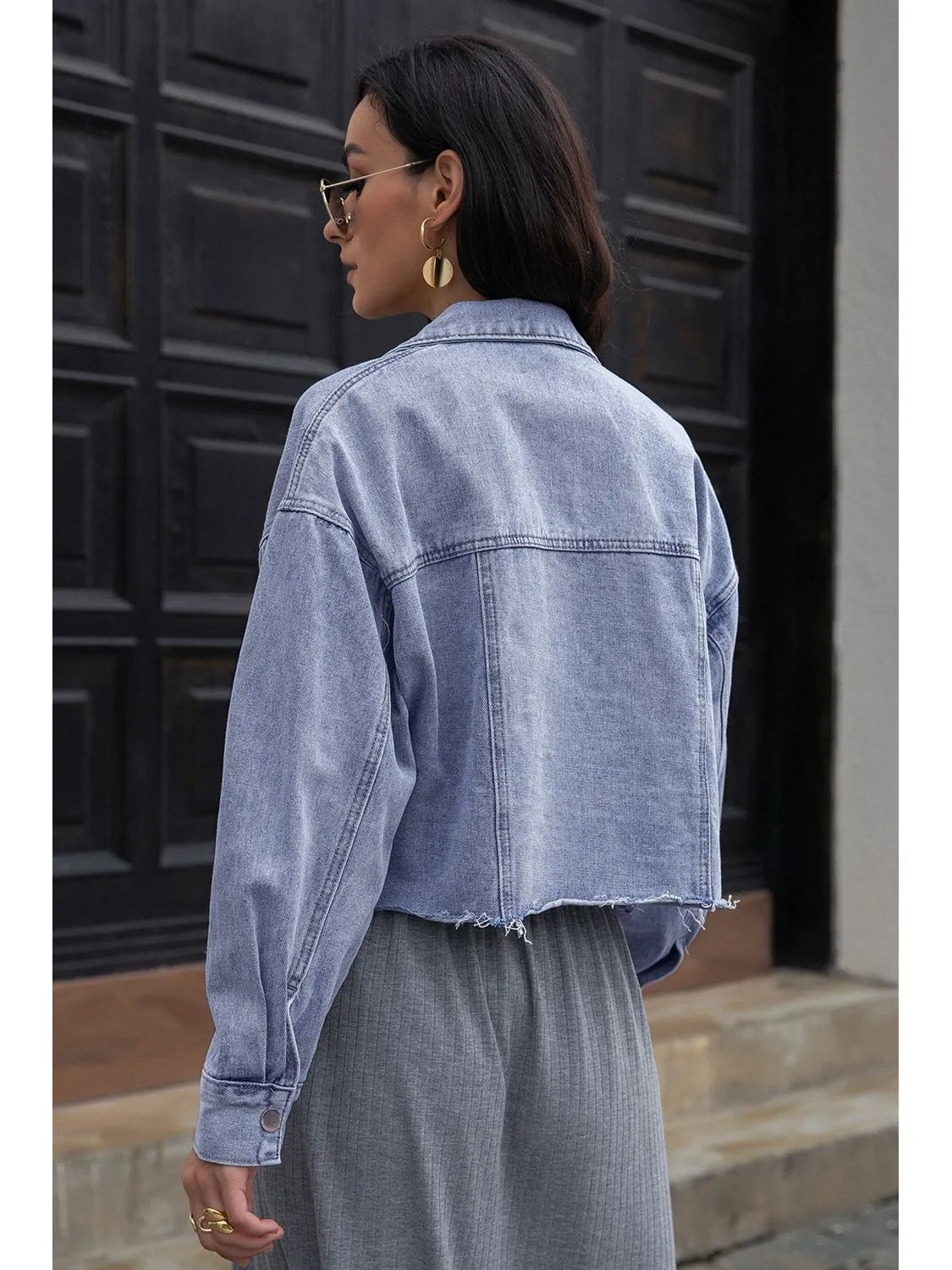 NicholesGifts Women Lapel Collar Long Sleeve Denim Jacket