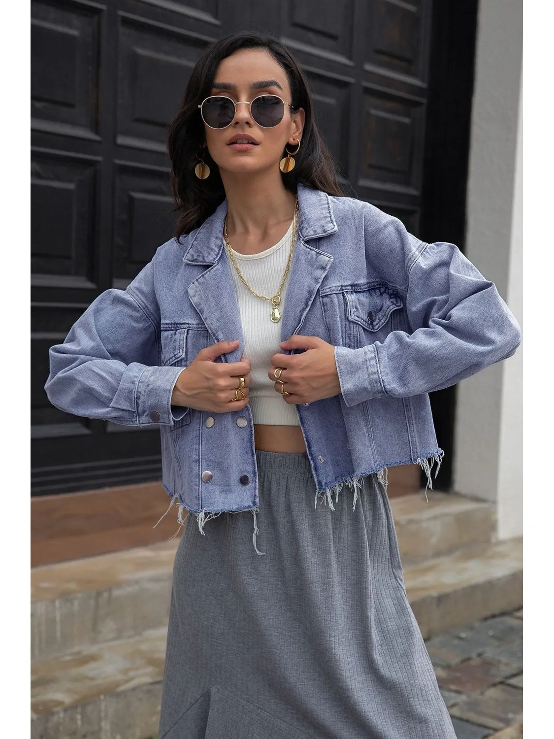 NicholesGifts Women Lapel Collar Long Sleeve Denim Jacket