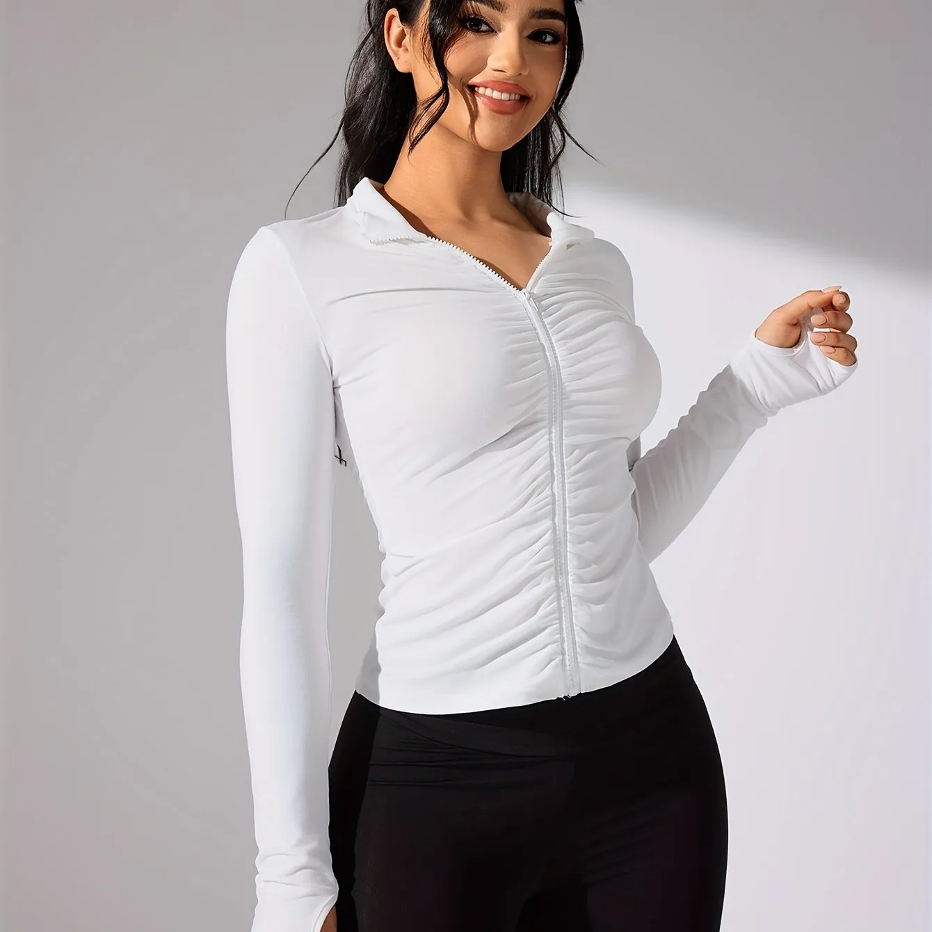 Nina | Solid color casual sports jacket with long sleeve and full zipper