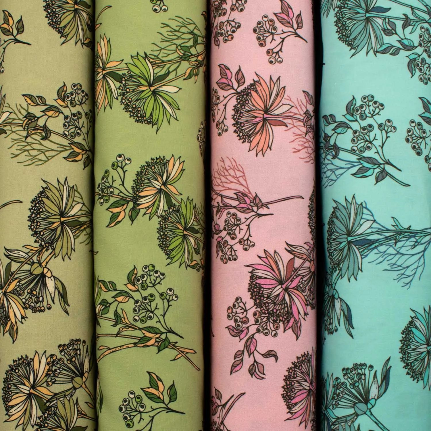 Old World Plants Collection #04 Floral on Turquoise Blue Cotton Prints