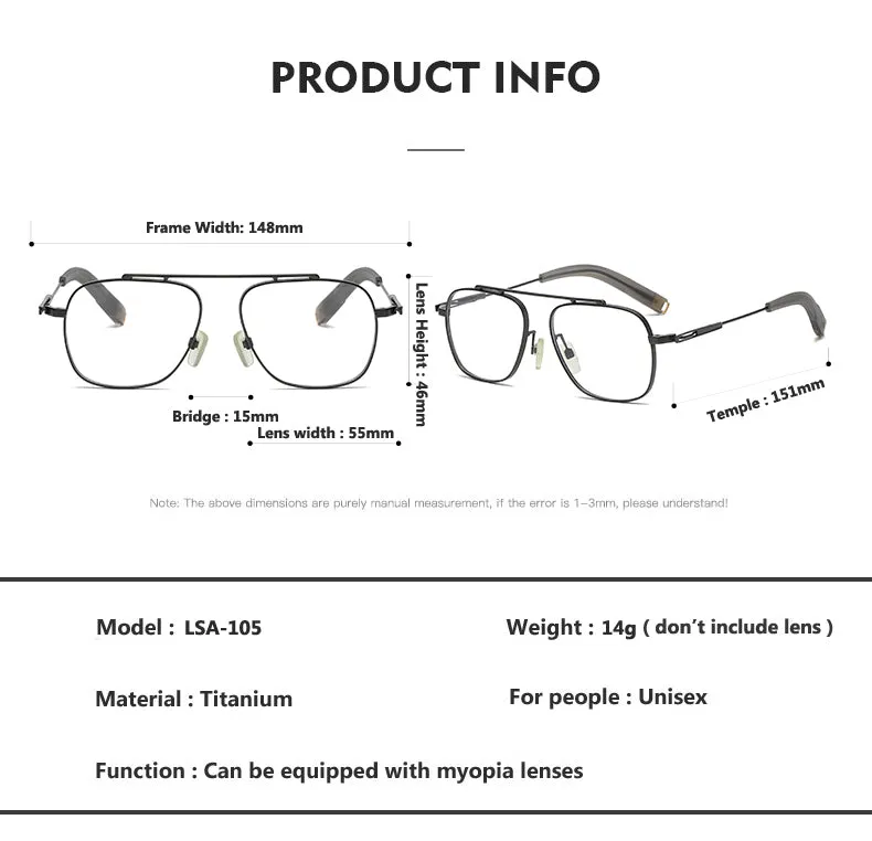 Oveliness Unisex Full Rim Square Double Bridge Titanium Eyeglasses 105