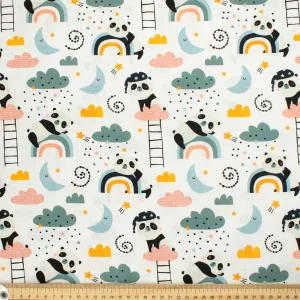 Panda Collection #03 Moon, Cloud, Rainbow & Pandas on White Cotton Prints