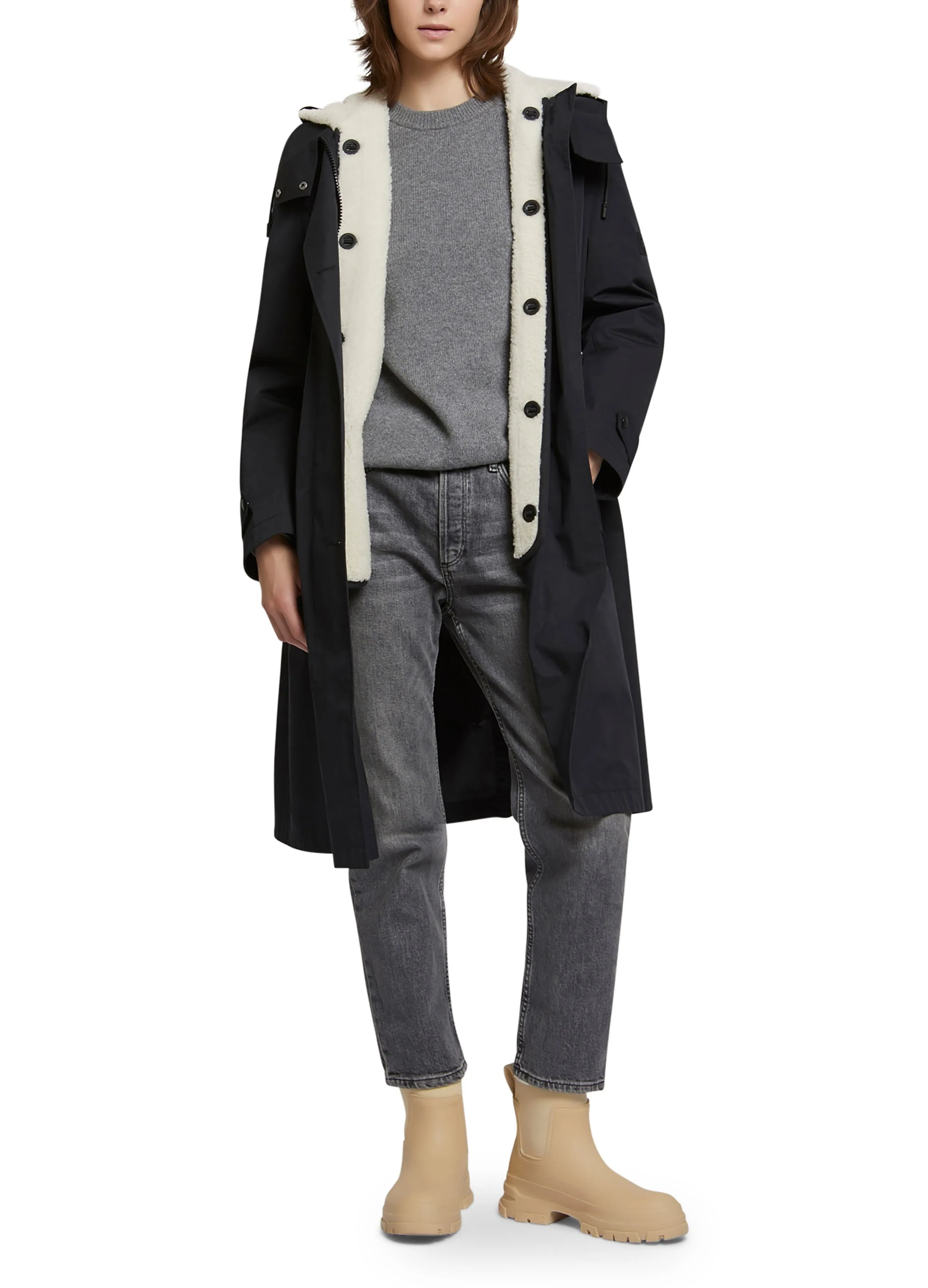 Parka en coton mélangé imperméable et doublure en peau lainée