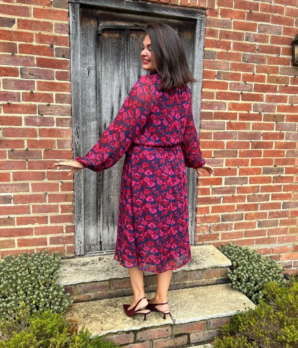 Pink Rose Print Lorie Midi Dress