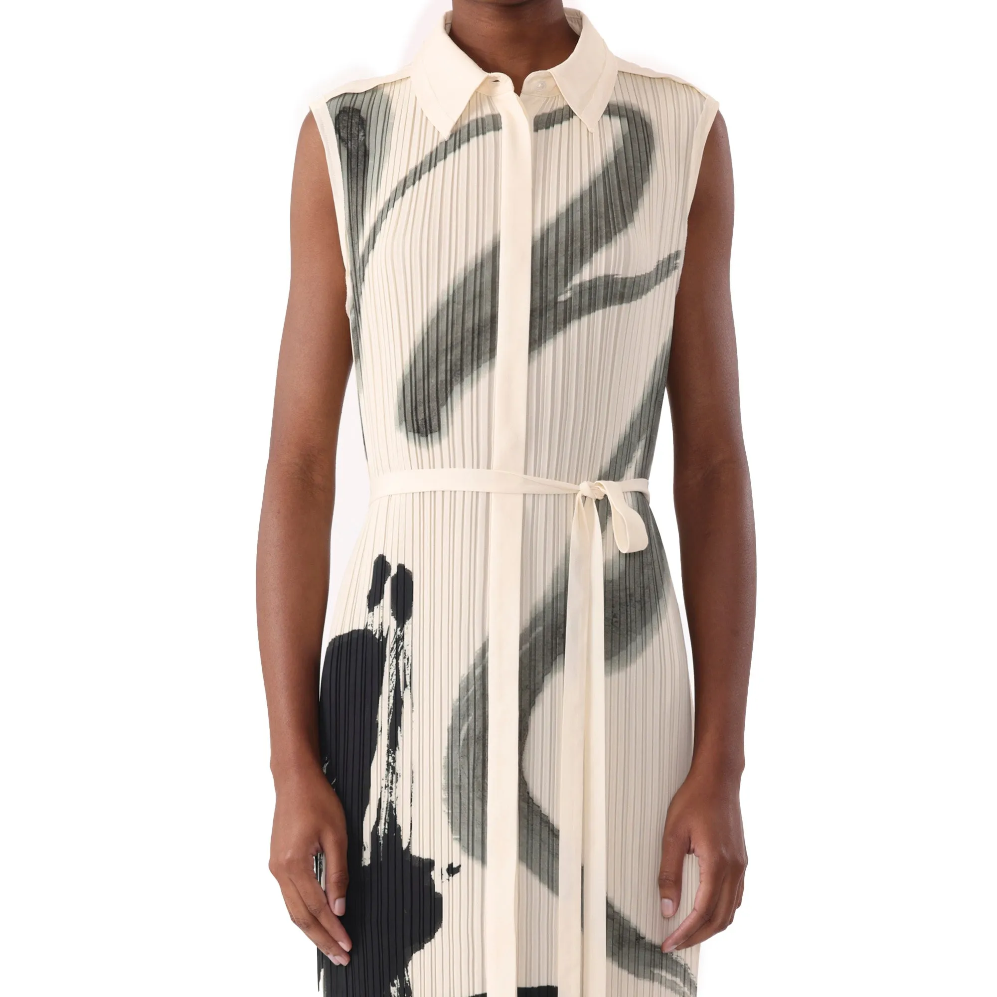 PLEATED SLEEVELESS SHIRTDRESS WITH ARTWORK BY TONG YANG TZE