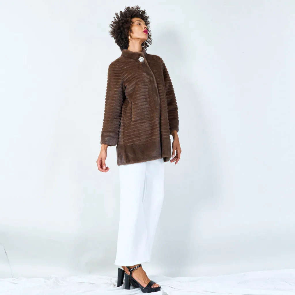 Ribbed faux fur coat with clasp detail wholesale