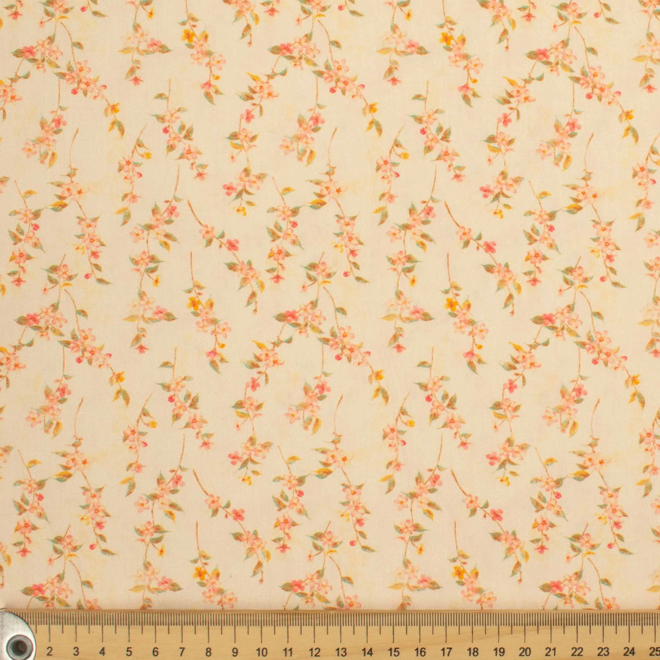 Ruby Red Collection #13 Small Pink Floral & Leaves on Pale Yellow Cotton Prints
