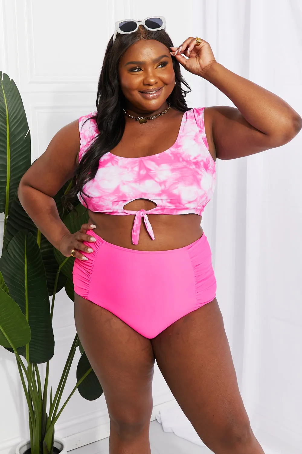 Sanibel Crop Swim Top and Ruched Bottoms Set (Pink)