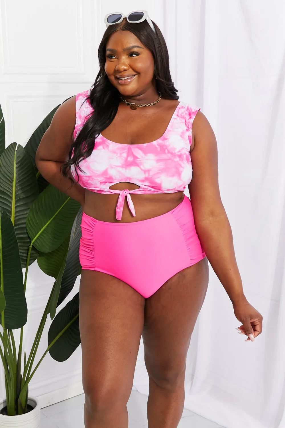Sanibel Crop Swim Top and Ruched Bottoms Set (Pink)