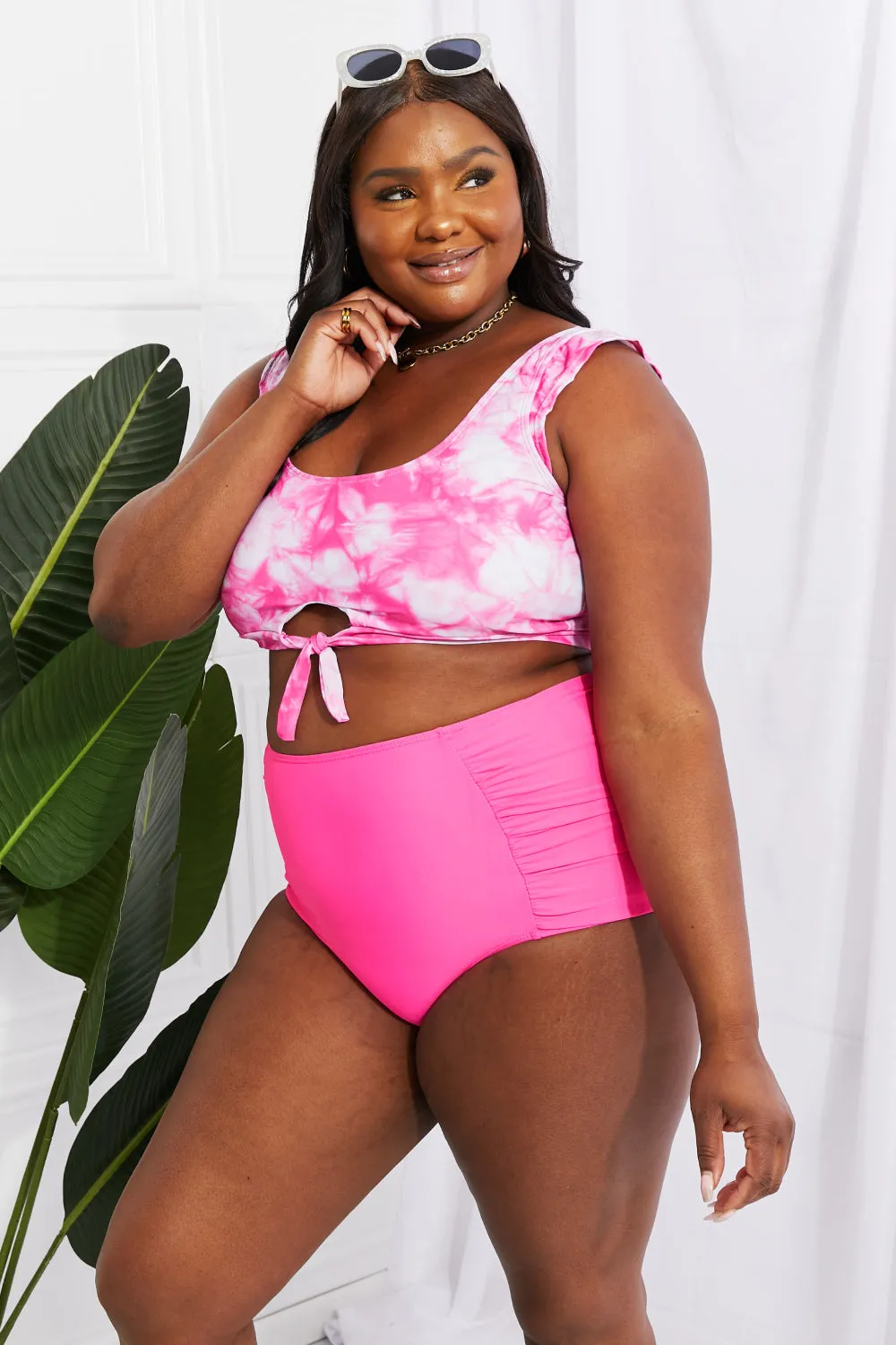 Sanibel Crop Swim Top and Ruched Bottoms Set (Pink)