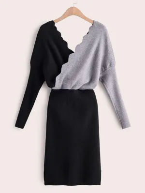 Scallop Wrap Puff Sleeve Jumper Dress