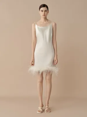 SILKINC Feather Trim Silk Slip Mini Dress