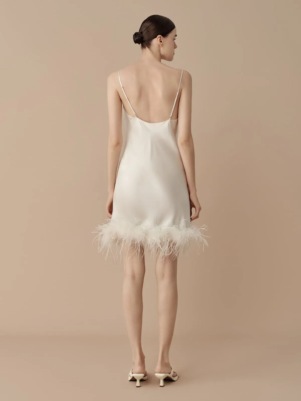 SILKINC Feather Trim Silk Slip Mini Dress