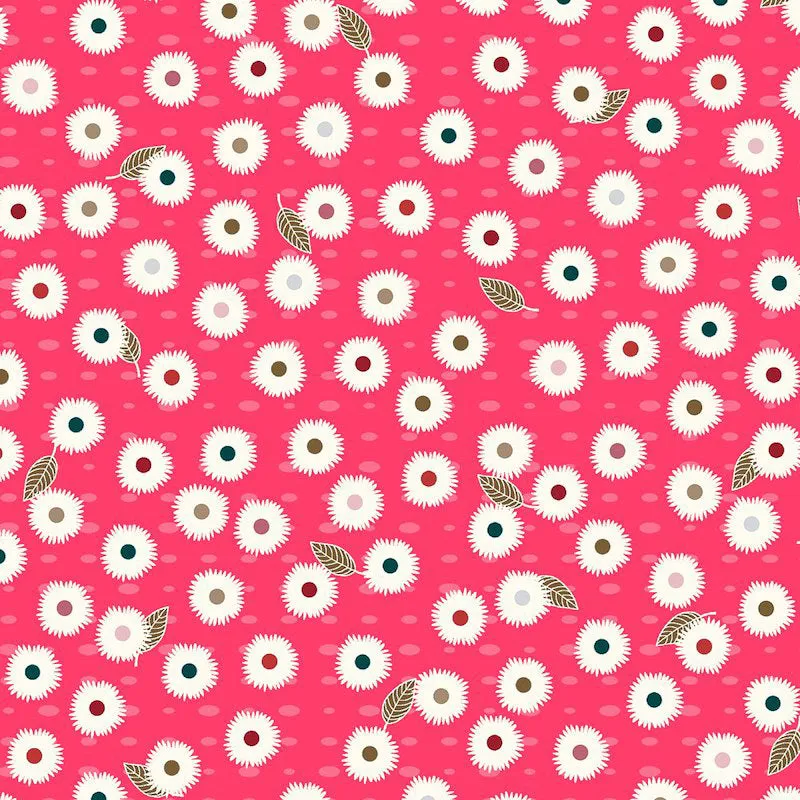 Stof Fabrics Flower And Dot Pink Daisies and Leaves Cotton Prints