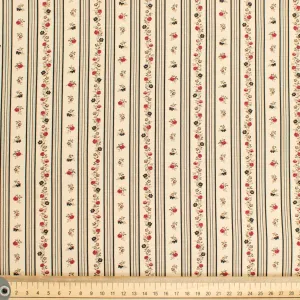 Stof Fabrics Roses-11 Floral & Black Stripes on Cream Cotton Prints