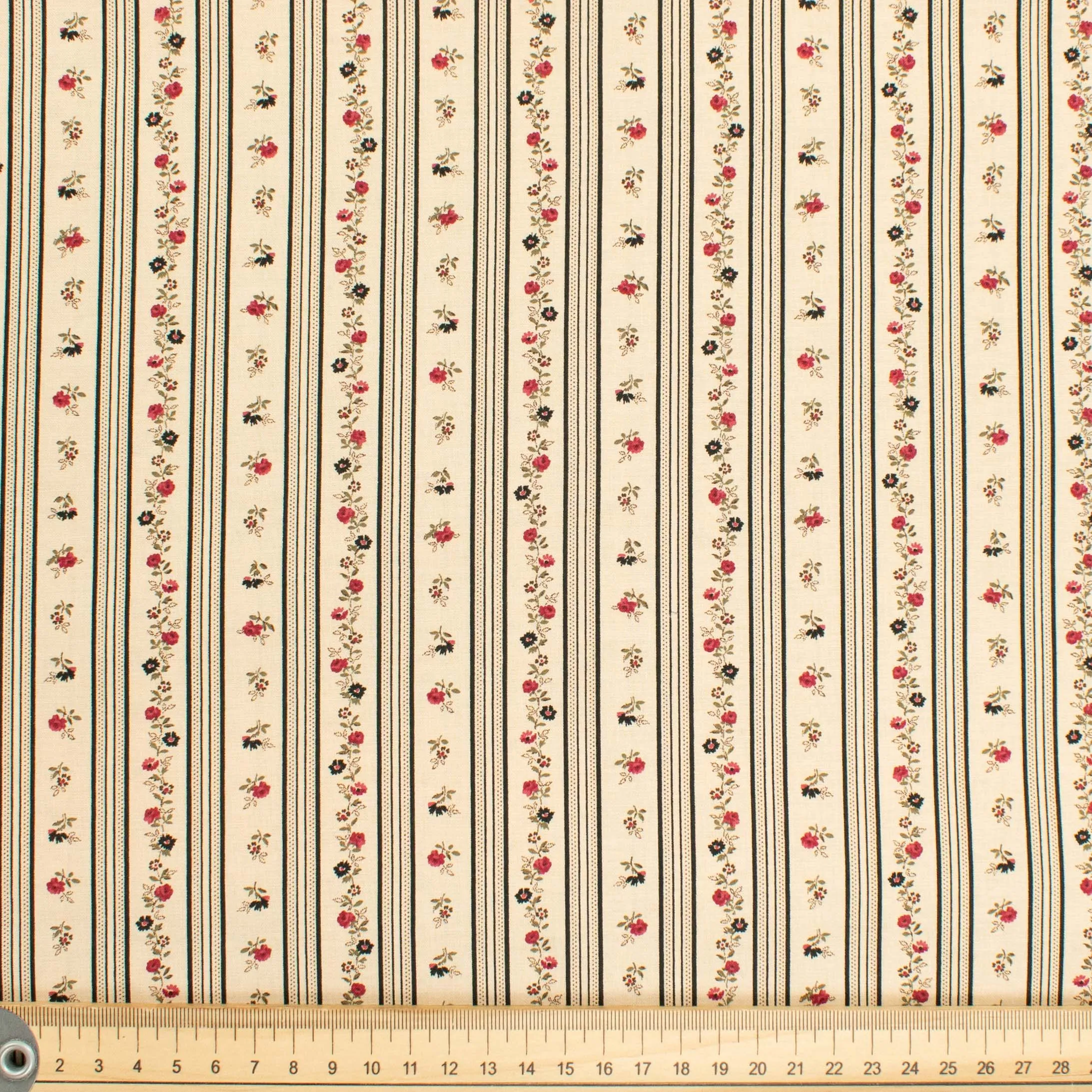 Stof Fabrics Roses-11 Floral & Black Stripes on Cream Cotton Prints