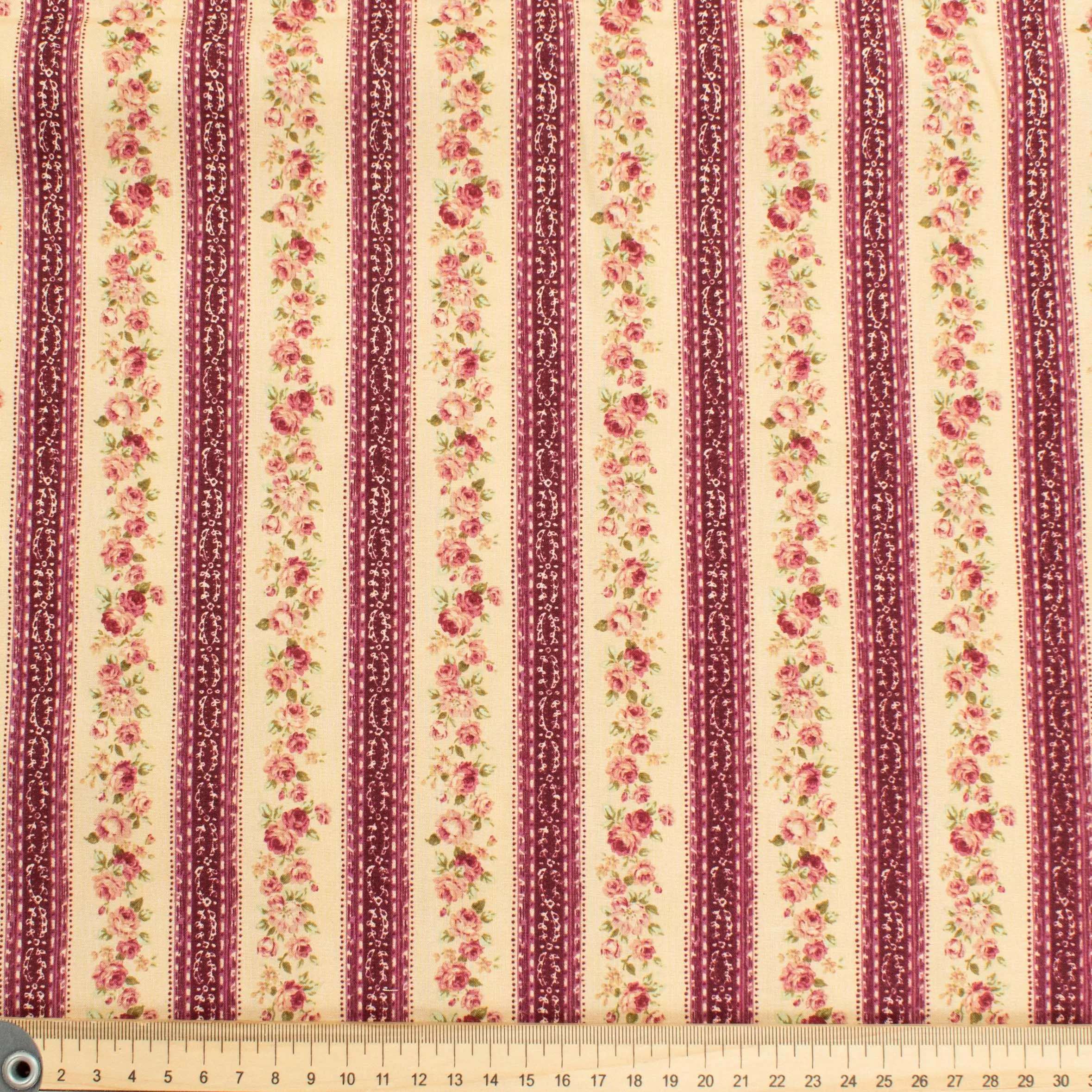 Stof Fabrics Roses-2 Floral on Cream & Red Stripes Cotton Prints