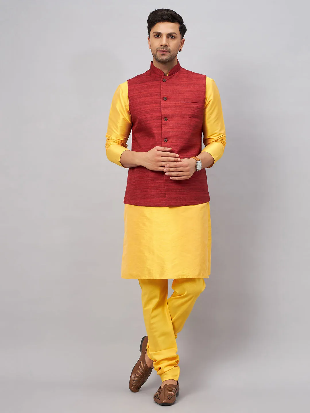 VASTRAMAY Maroon Jacket with Yellow Kurta Set