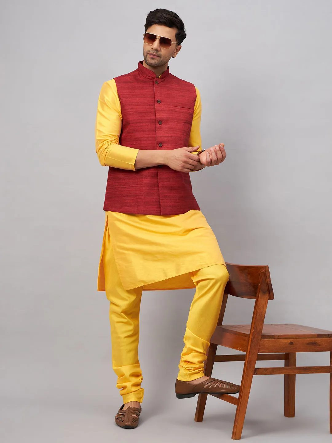 VASTRAMAY Maroon Jacket with Yellow Kurta Set