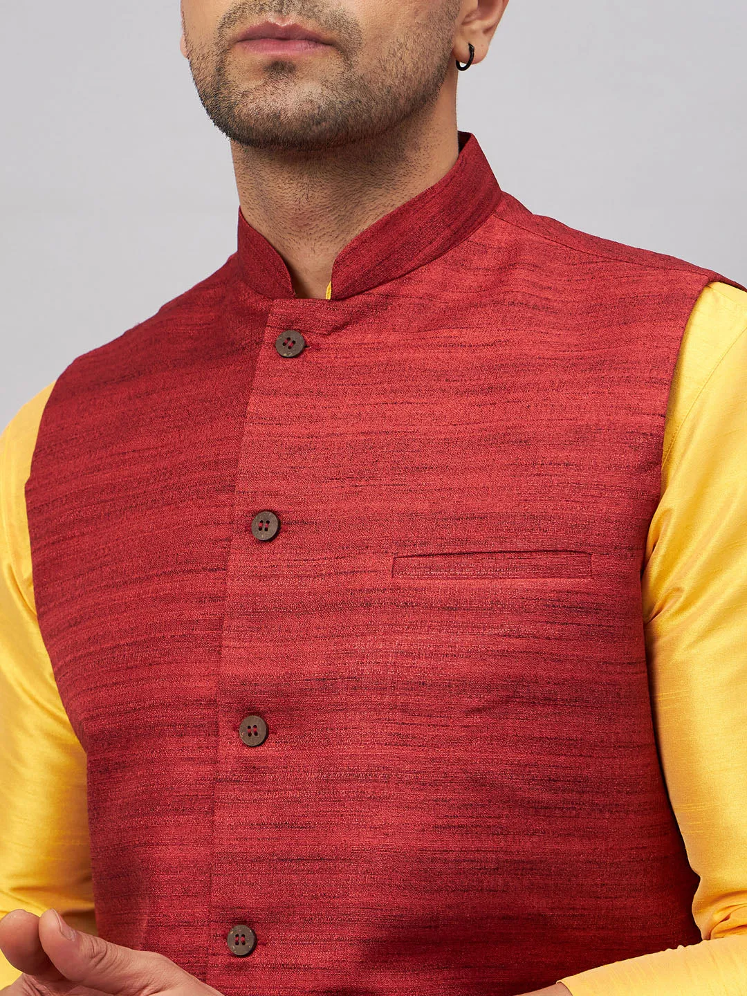 VASTRAMAY Maroon Jacket with Yellow Kurta Set