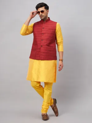 VASTRAMAY Maroon Jacket with Yellow Kurta Set
