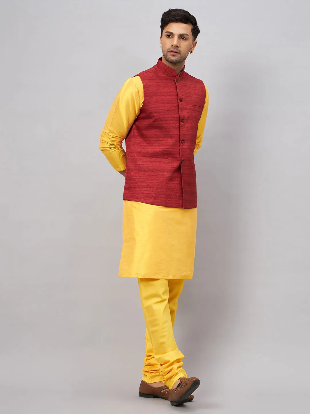 VASTRAMAY Maroon Jacket with Yellow Kurta Set