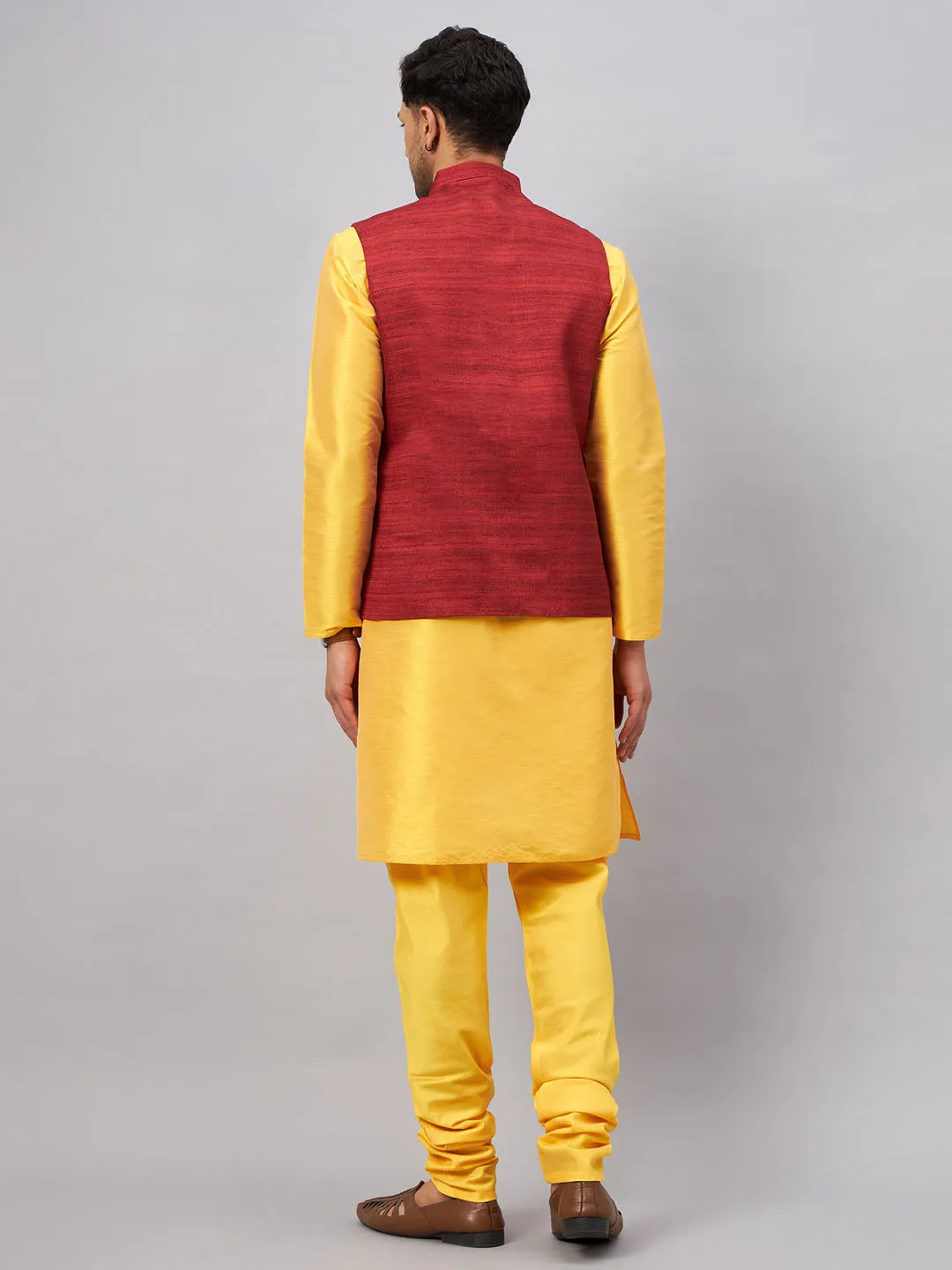 VASTRAMAY Maroon Jacket with Yellow Kurta Set