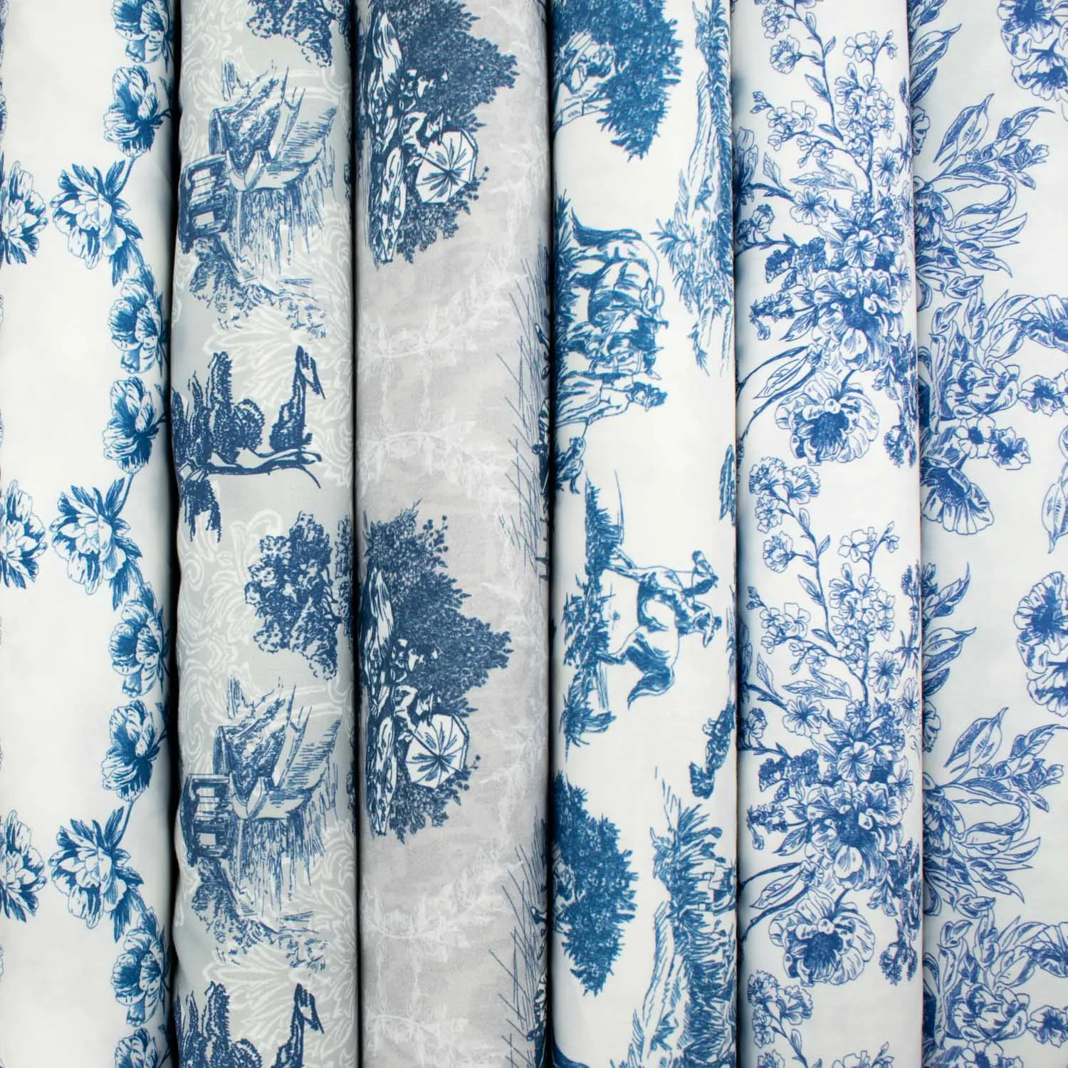 Victoria Blue Collection #05 Sketch Rural Scene on Grey Cotton Prints